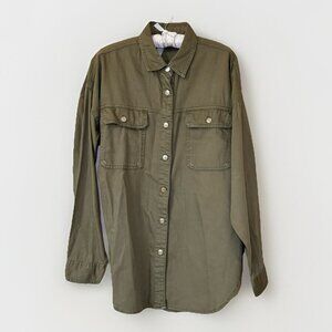 NEXT Ladies Denim Oversized Shirt Jacket Shacket Olive Green Size Medium